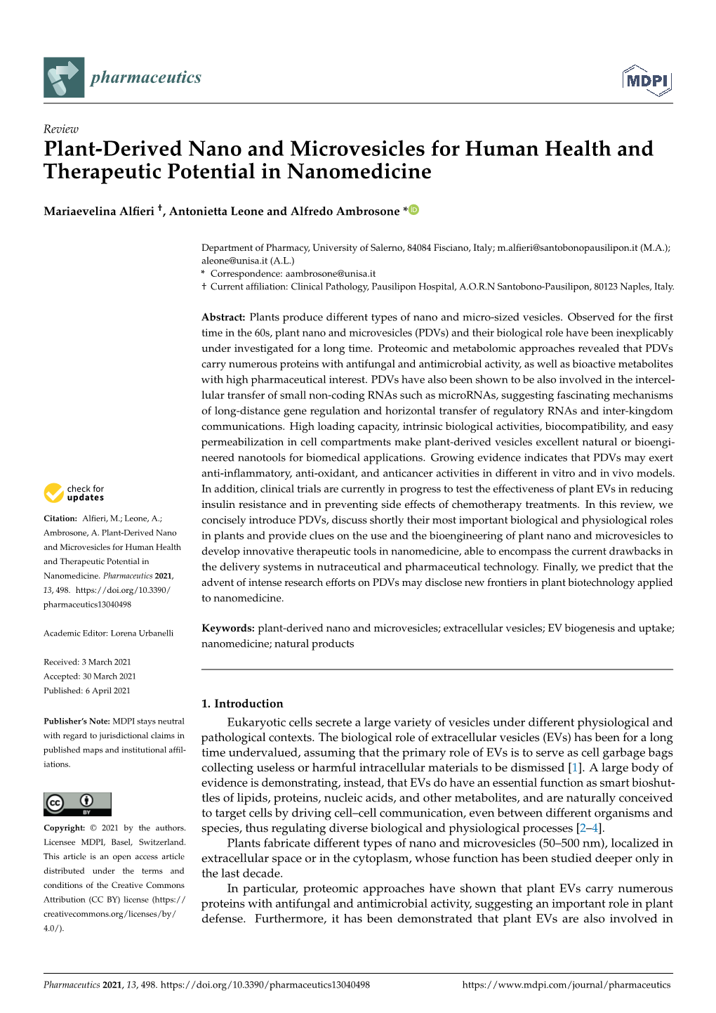 Plant-Derived Nano and Microvesicles for Human Health and Therapeutic Potential in Nanomedicine