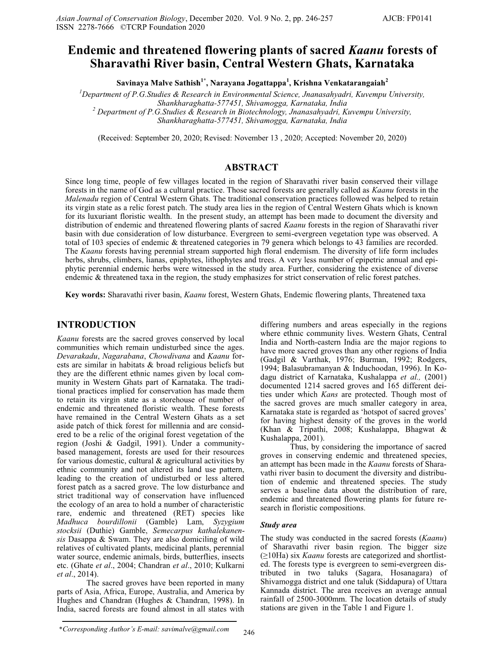 Endemic and Threatened Flowering Plants of Sacred Kaanu Forests of Sharavathi River Basin, Central Western Ghats, Karnataka