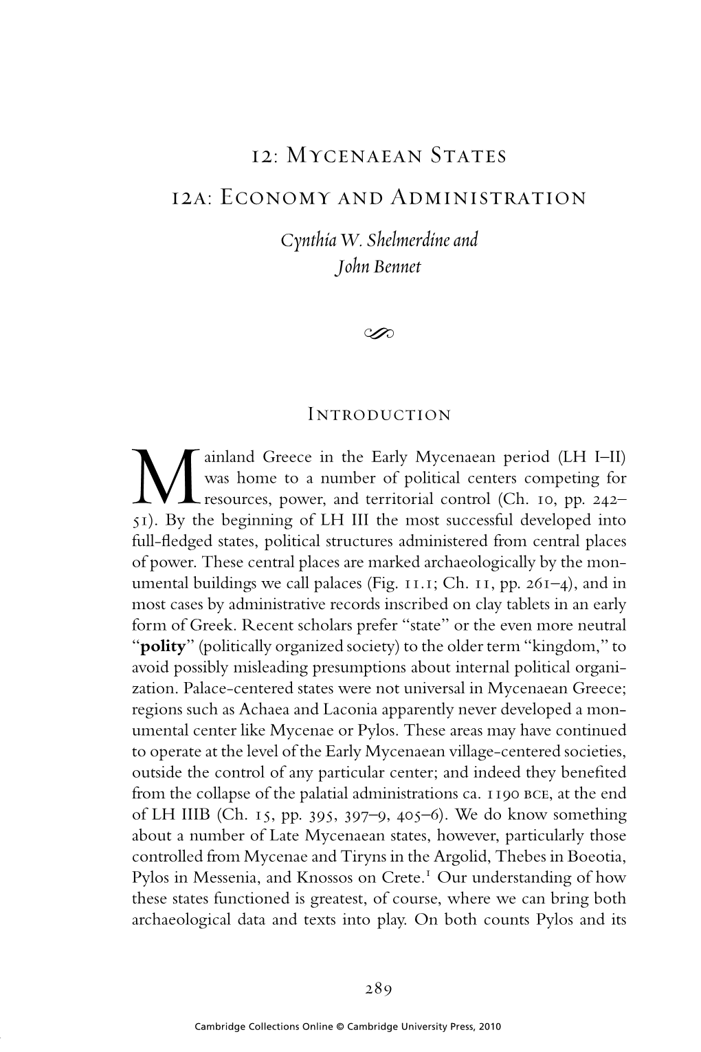 12: Mycenaean States 12A: Economy and Administration