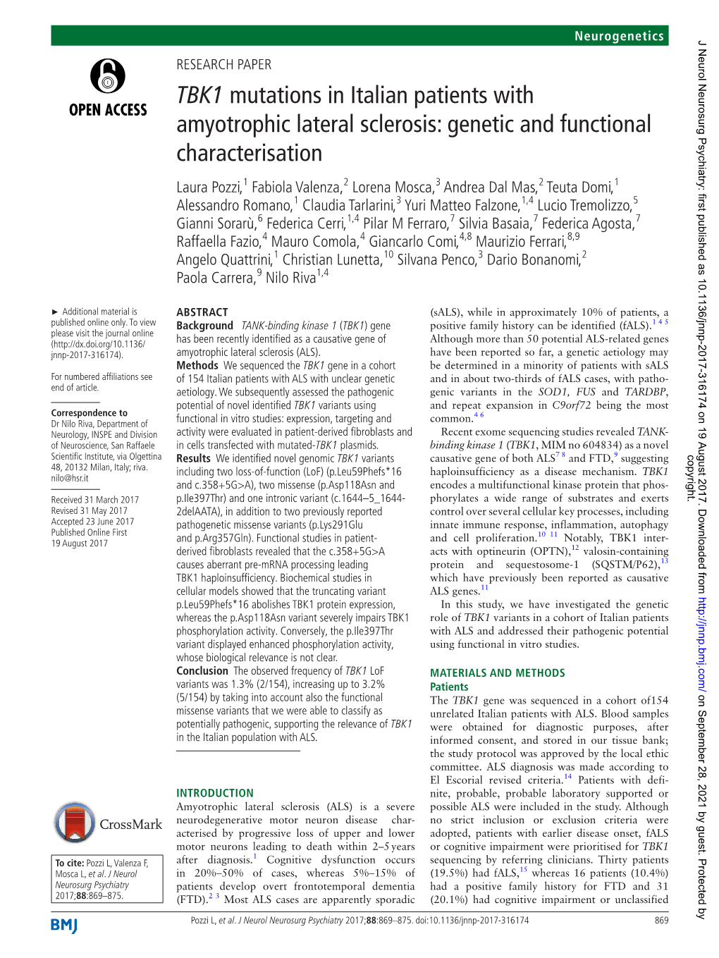 TBK1 Mutations in Italian Patients with Amyotrophic Lateral Sclerosis