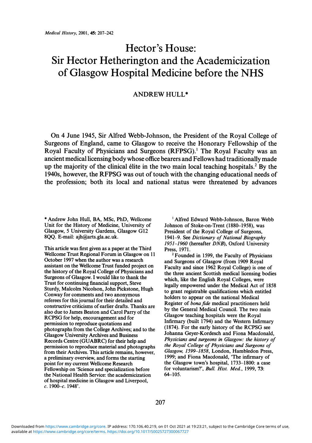 Hector's House: Sir Hector Hetherington and the Academicization of Glasgow Hospital Medicine Before the NHS