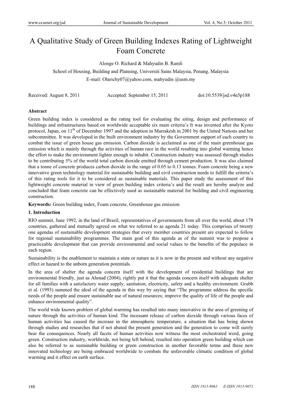 A Qualitative Study of Green Building Indexes Rating of Lightweight Foam Concrete