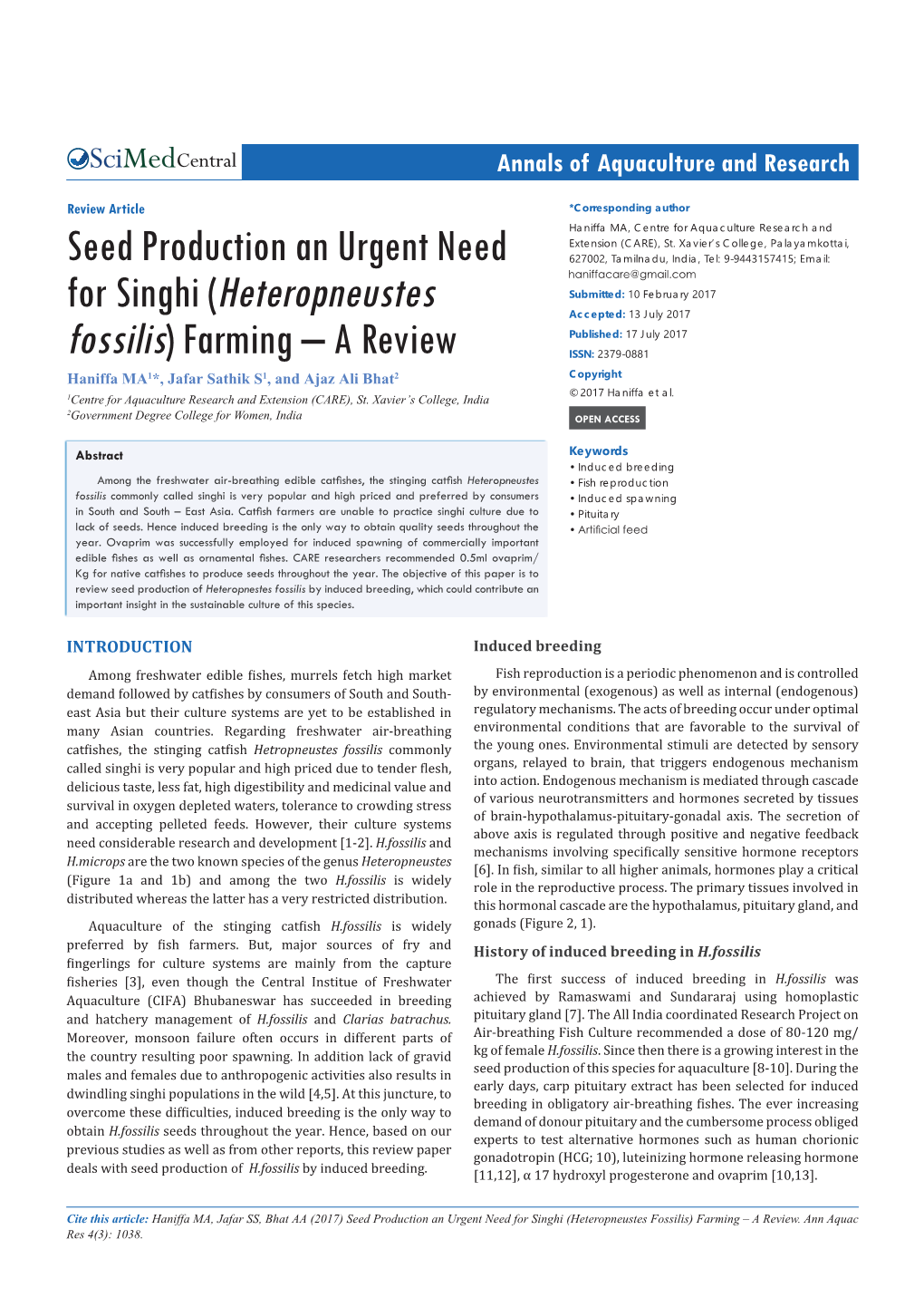 Seed Production an Urgent Need for Singhi (Heteropneustes Fossilis) Farming – a Review