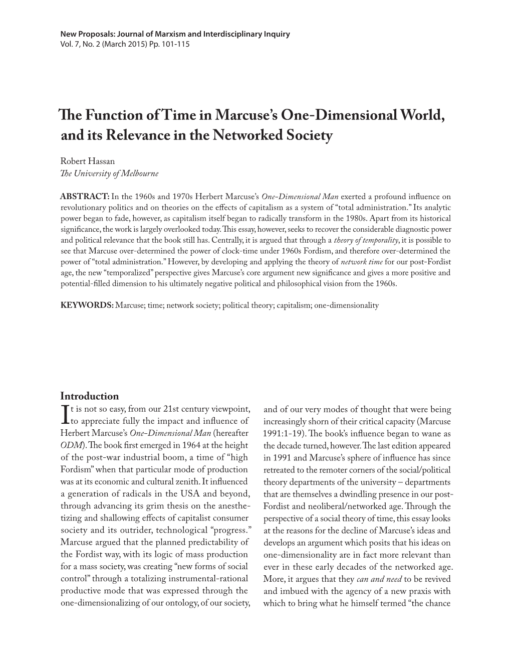 The Function of Time in Marcuse's One-Dimensional World, and Its