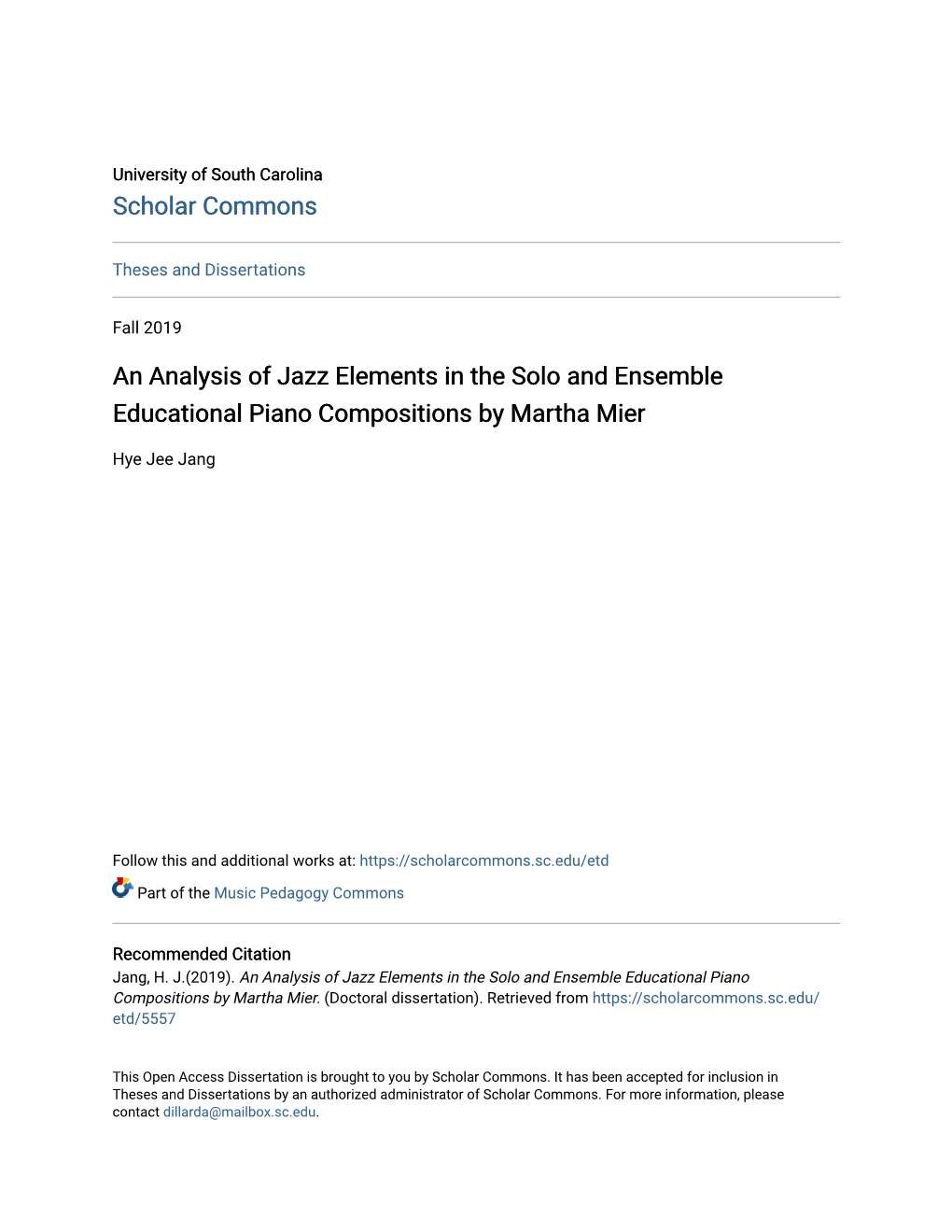 An Analysis of Jazz Elements in the Solo and Ensemble Educational Piano Compositions by Martha Mier