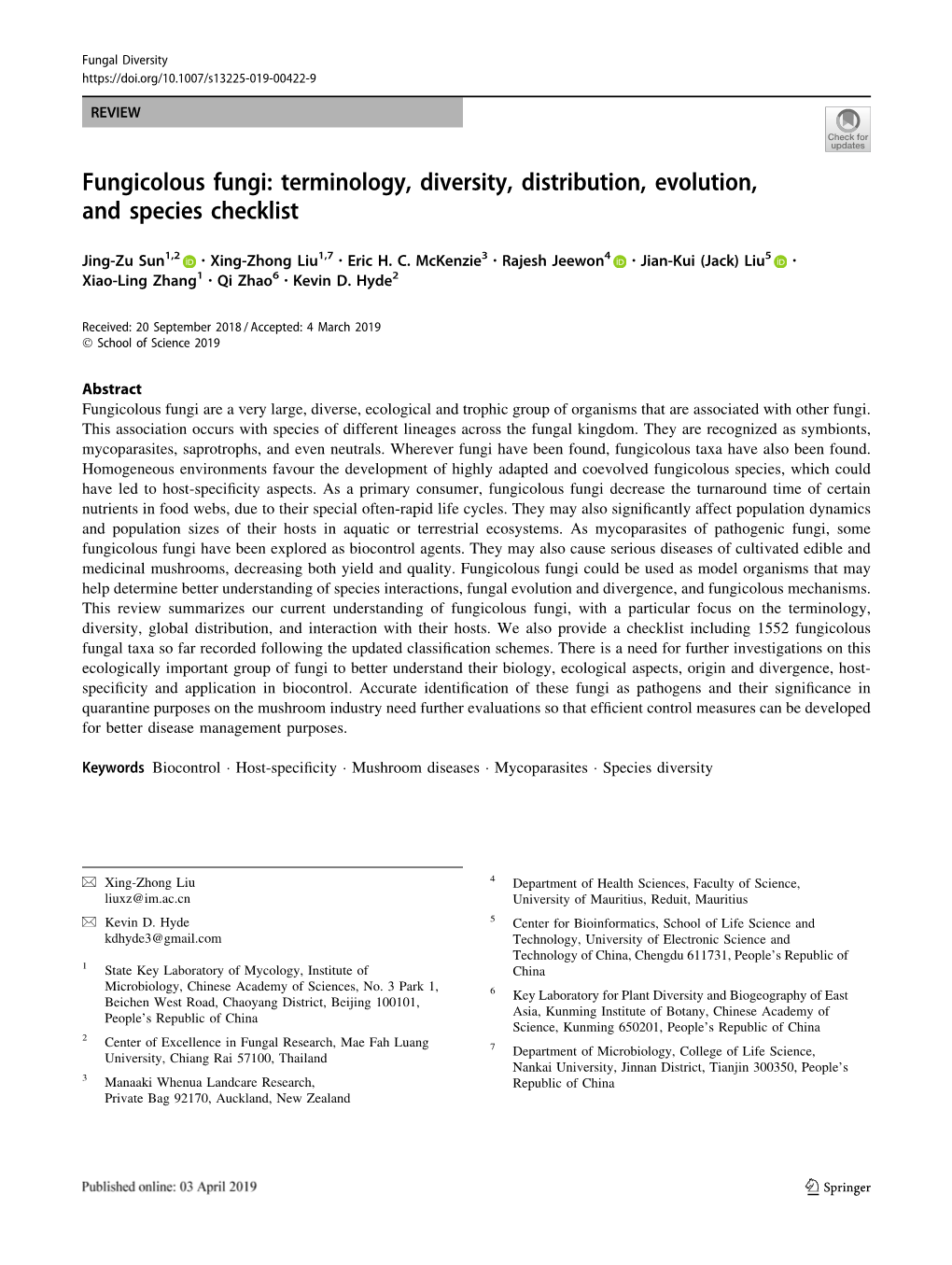 Fungicolous Fungi: Terminology, Diversity, Distribution, Evolution, and Species Checklist