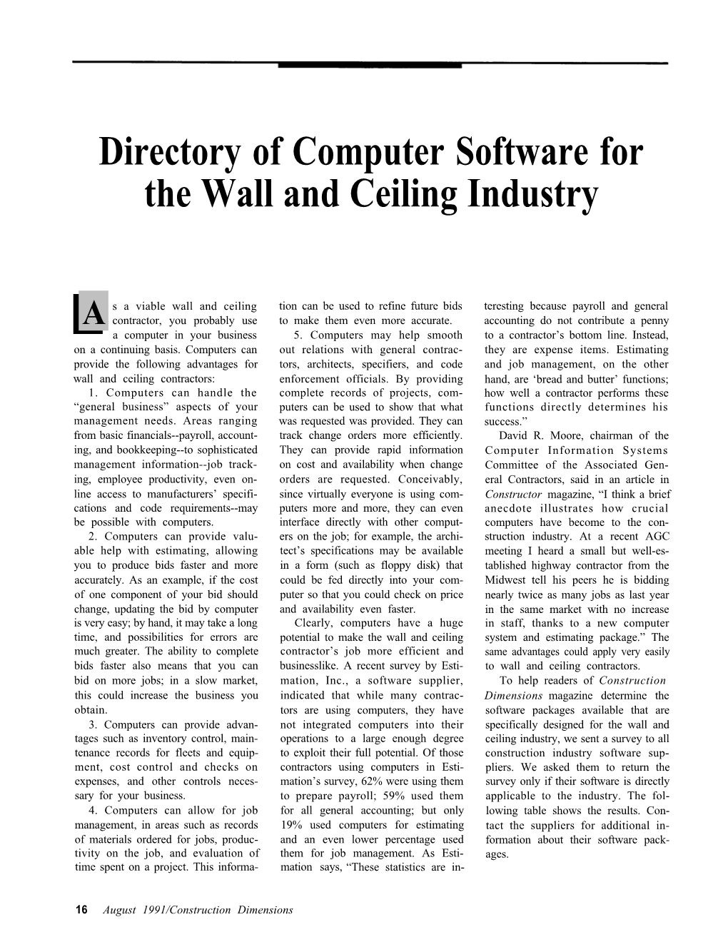 Directory of Computer Software for the Wall and Ceiling Industry
