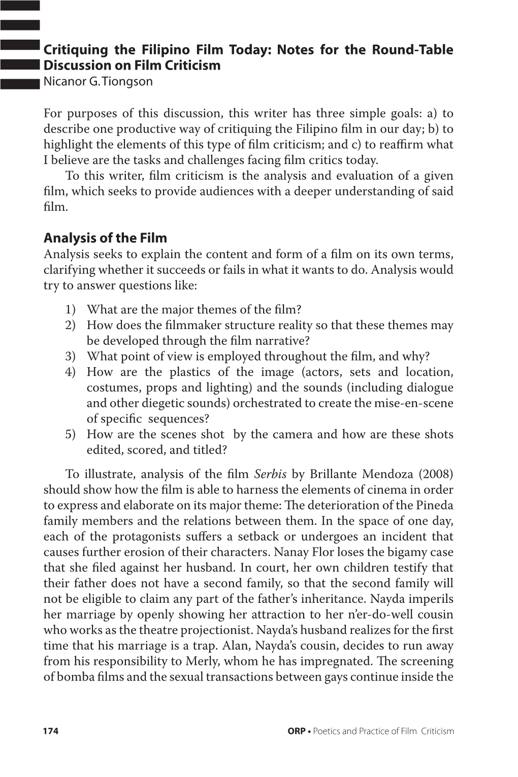 Notes for the Round-Table Discussion on Film Criticism Nicanor G