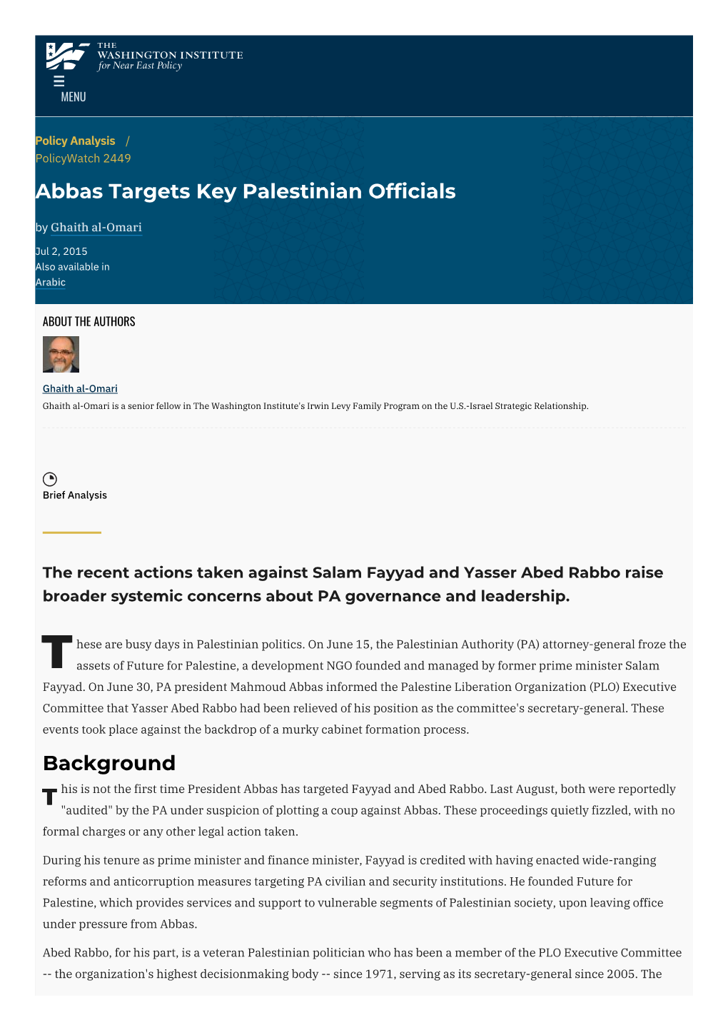 Abbas Targets Key Palestinian Officials | the Washington Institute