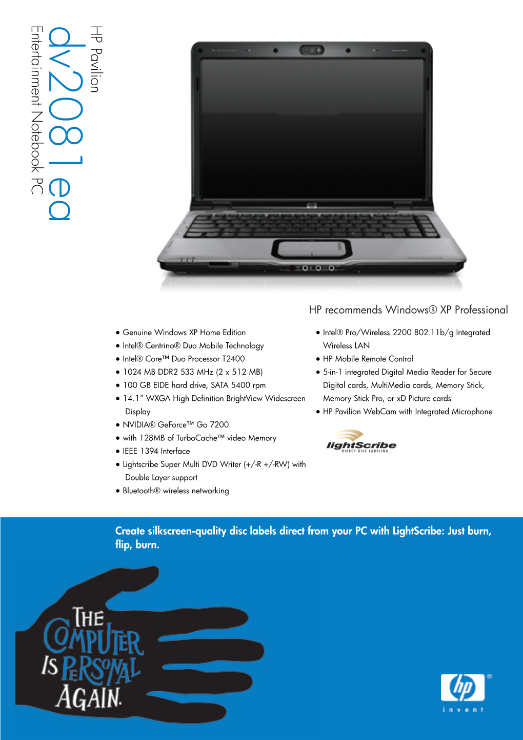 HP Pavilion Dv2081ea Entertainment Notebook Datasheet