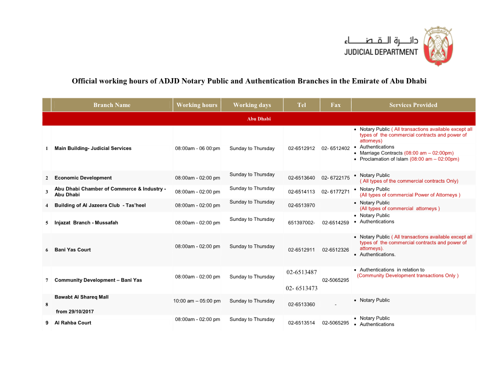 Official Working Hours of ADJD Notary Public and Authentication Branches in the Emirate of Abu Dhabi