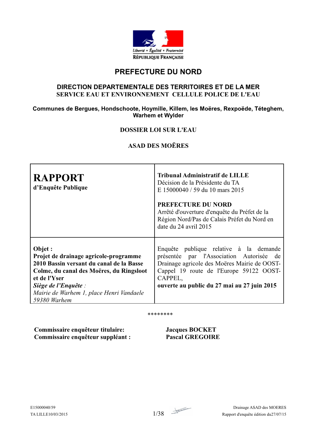 RAPPORT Décision De La Présidente Du TA D’Enquête Publique E 15000040 / 59 Du 10 Mars 2015