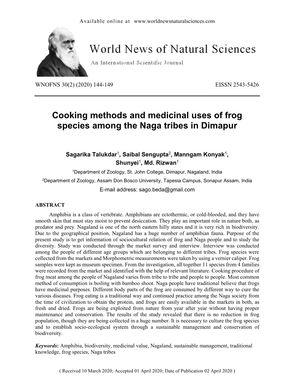 Cooking Methods and Medicinal Uses of Frog Species Among the Naga Tribes in Dimapur