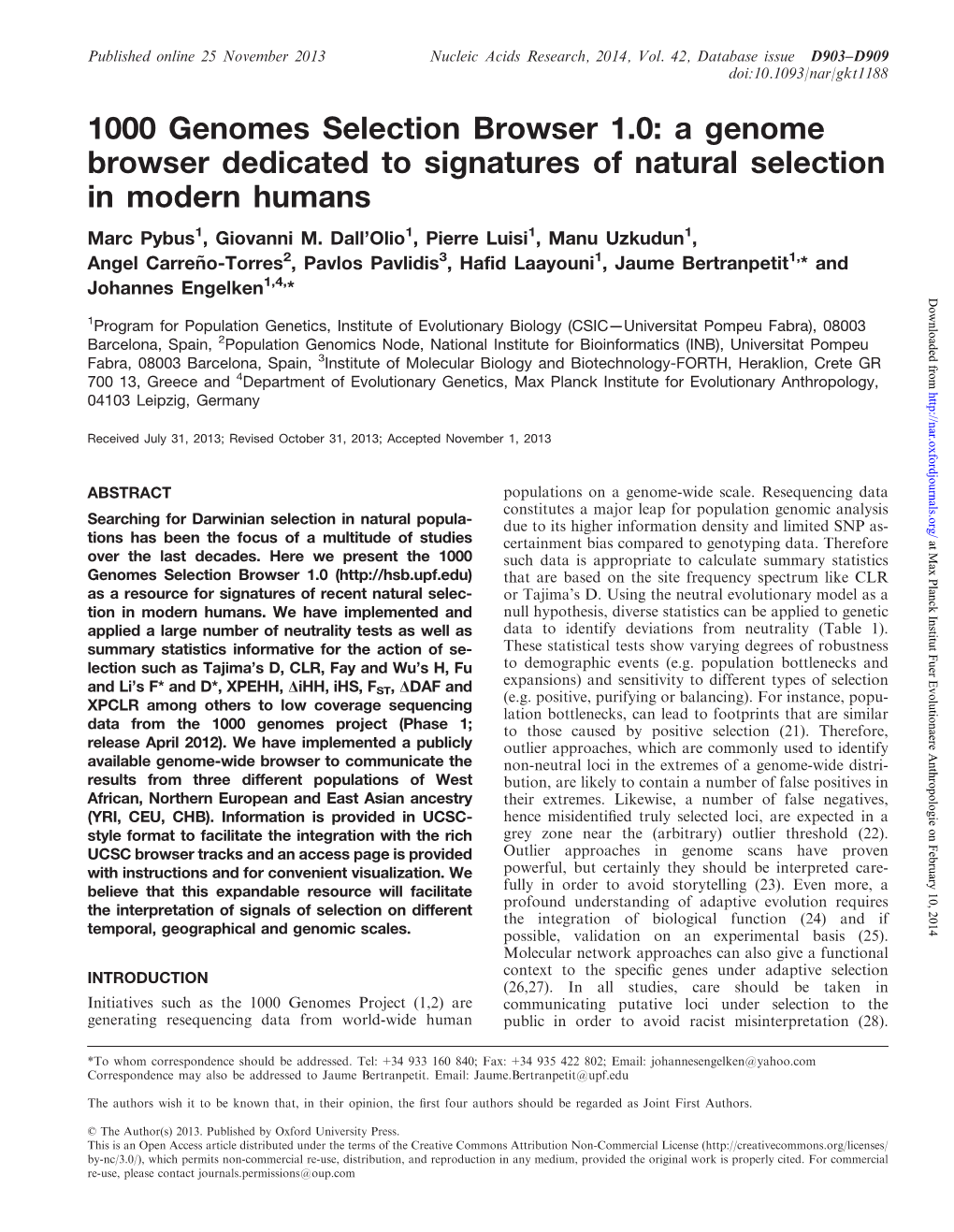 1000 Genomes Selection Browser 1.0: a Genome Browser Dedicated to Signatures of Natural Selection in Modern Humans Marc Pybus1, Giovanni M