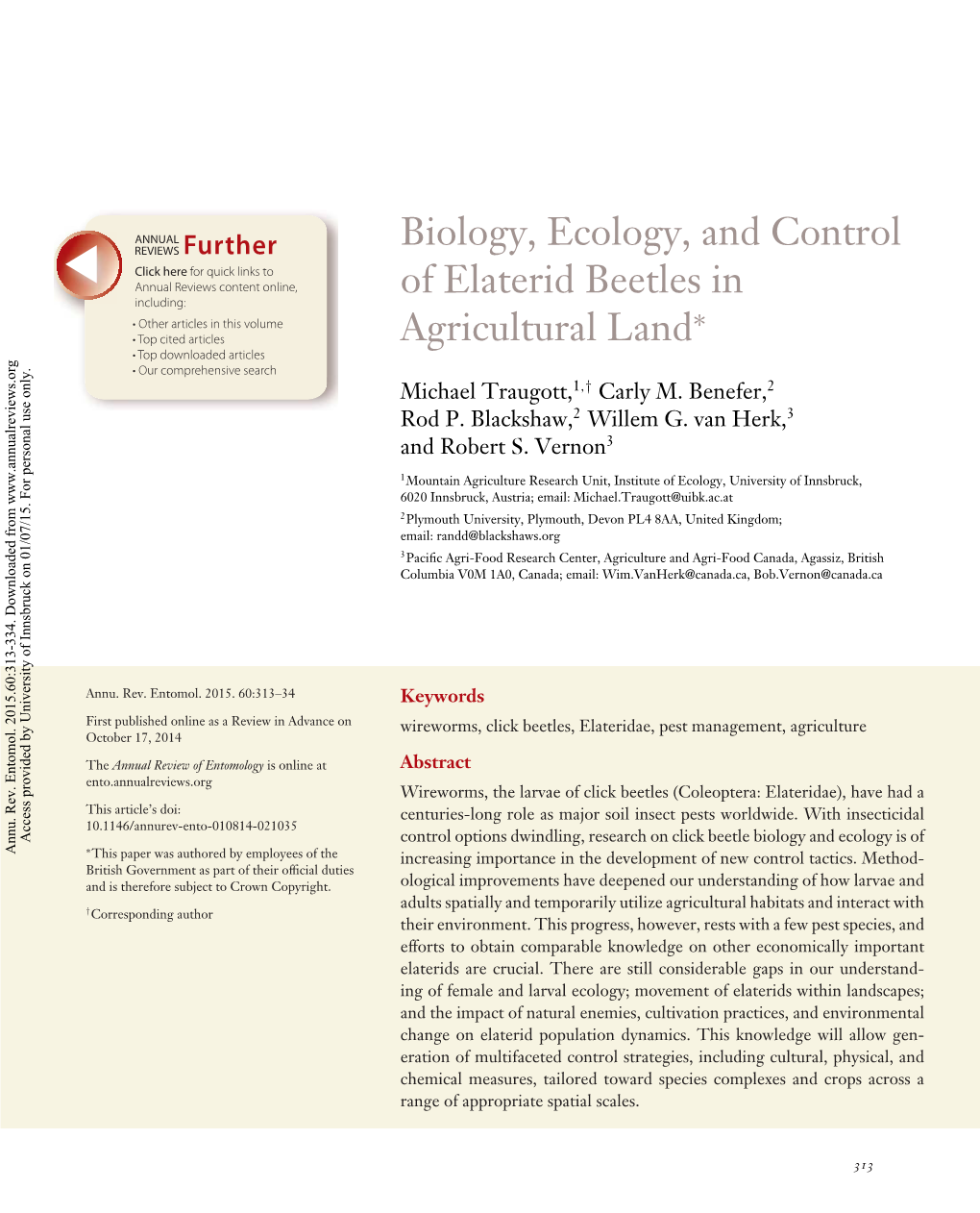 Biology, Ecology, and Control of Elaterid Beetles in Agricultural Land∗