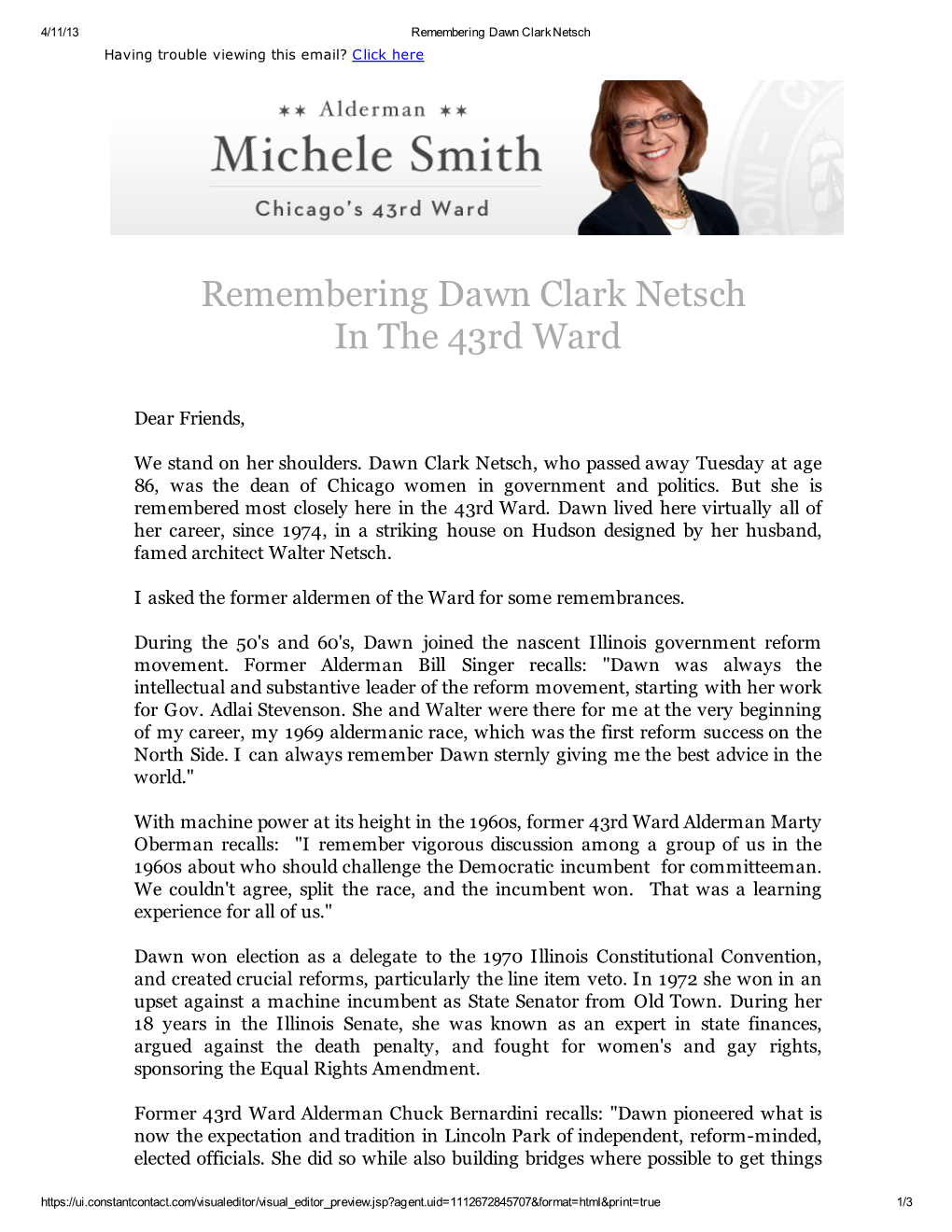 Remembering Dawn Clark Netsch Having Trouble Viewing This Email? Click Here