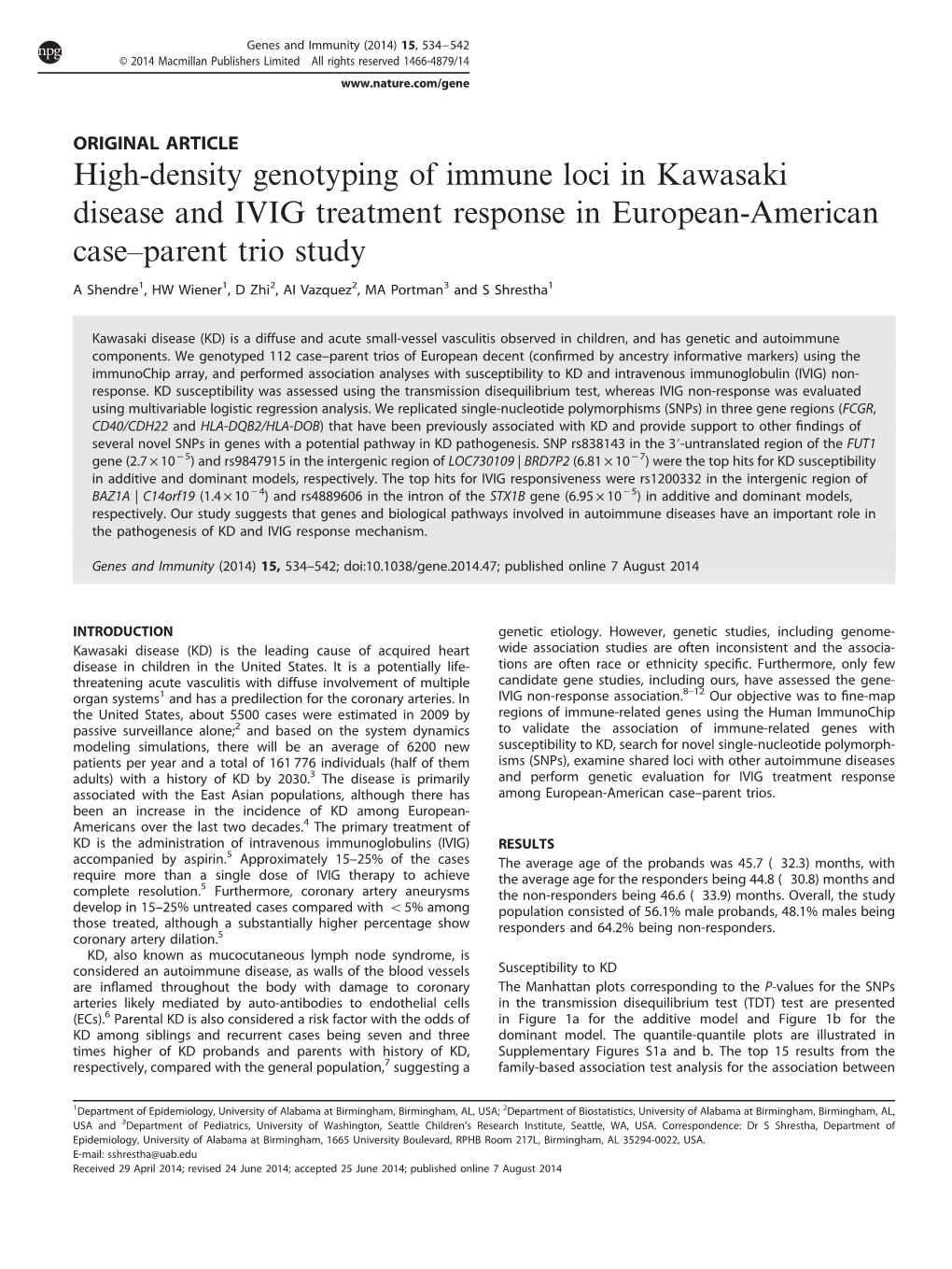 High-Density Genotyping of Immune Loci in Kawasaki Disease and IVIG Treatment Response in European-American Case–Parent Trio Study
