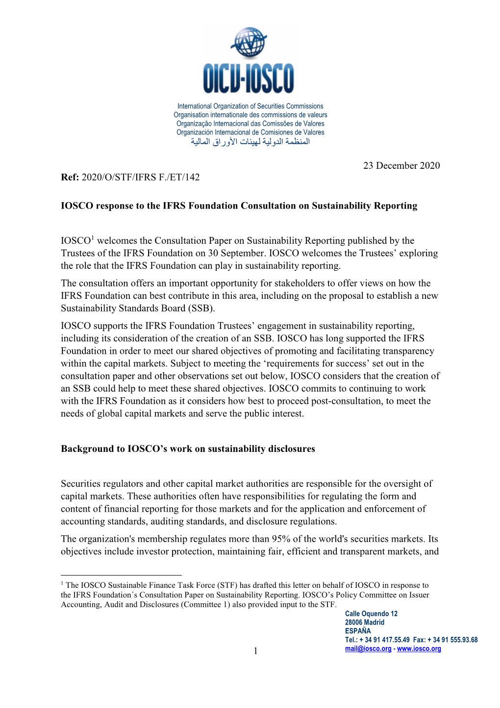 IOSCO Response to the IFRS Foundation Consultation on Sustainability Reporting