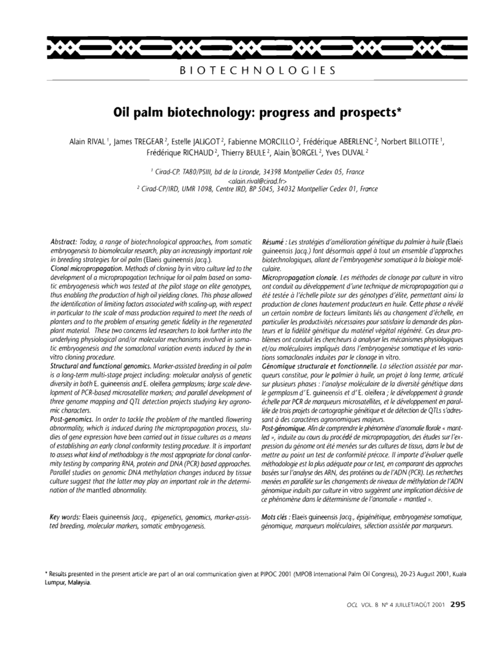 Oil Palm Biotechnology : Progress and Prospects
