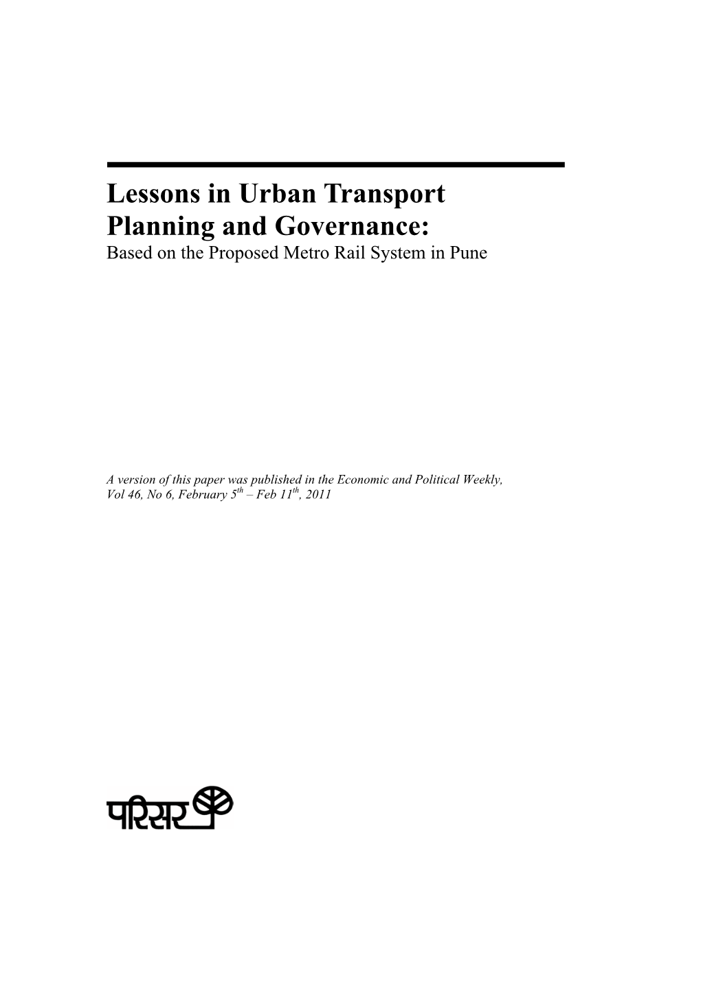 Urban Transport Governance: Lessons from Pune's Proposed Metro Rail