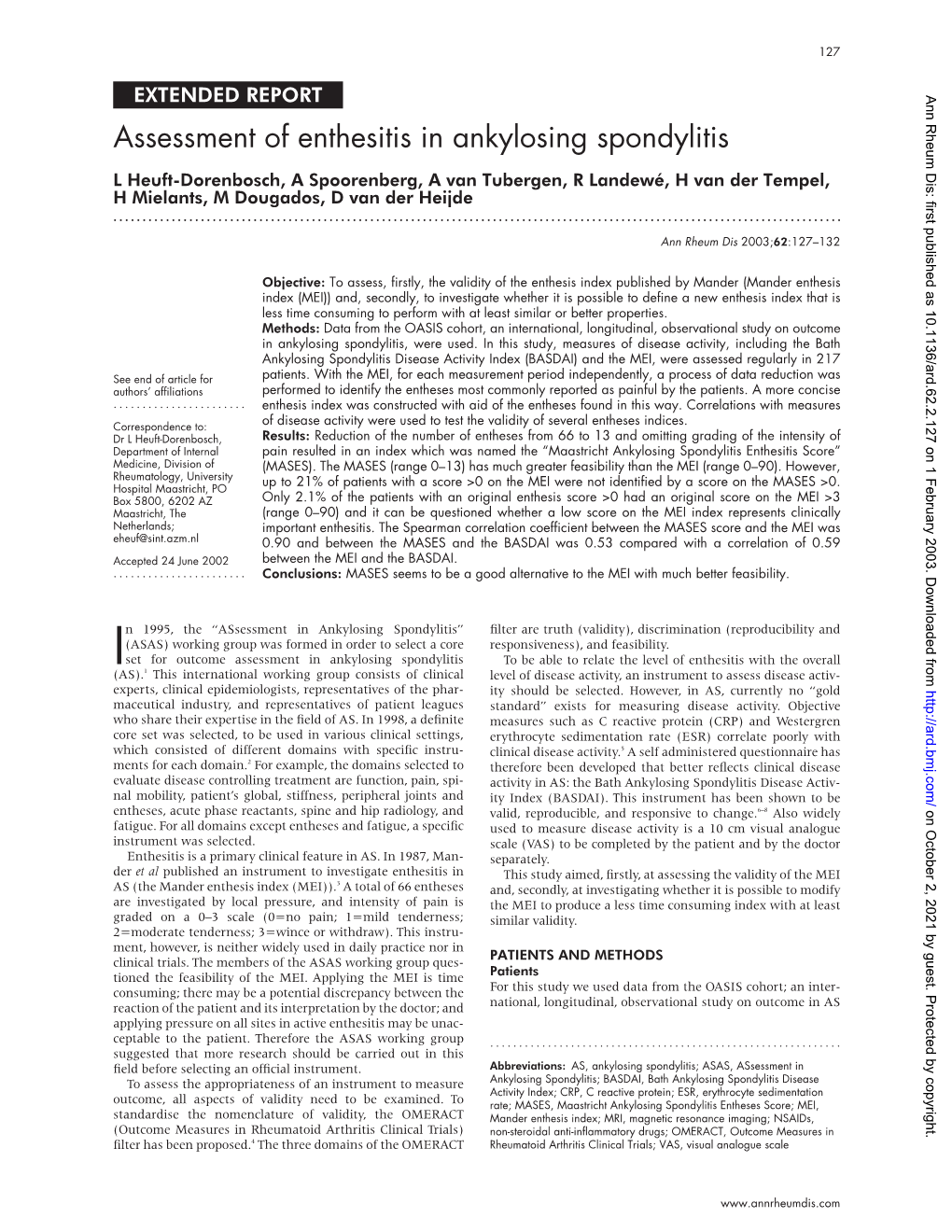 Assessment of Enthesitis in Ankylosing Spondylitis