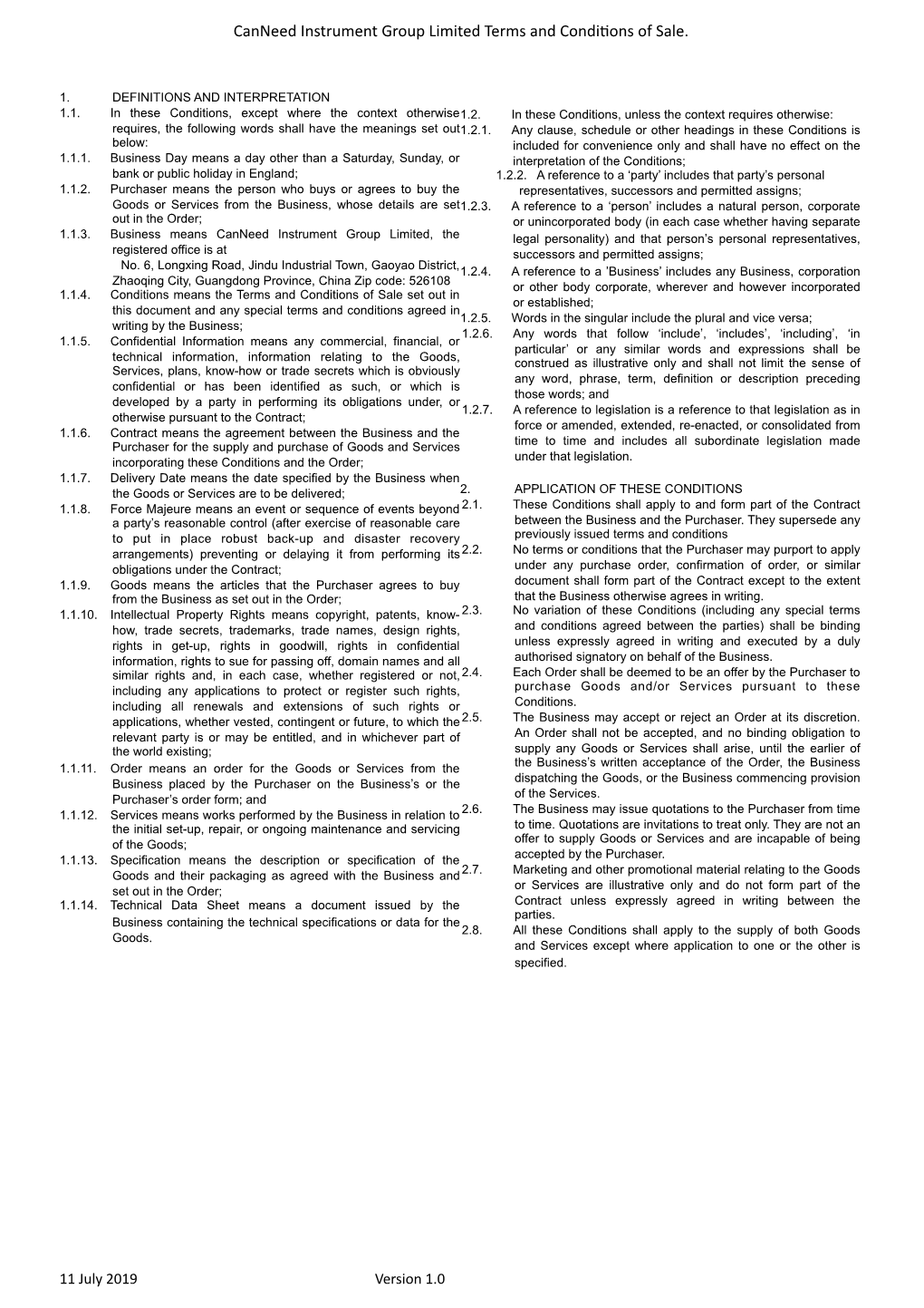 Canneed Instrument Group Limited Terms and Condi Ons of Sale