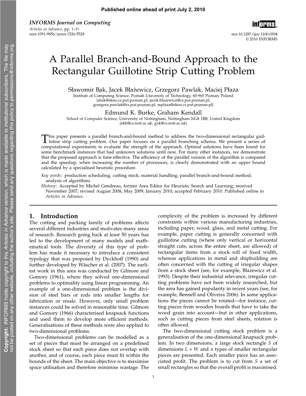 A Parallel Branch-And-Bound Approach to the Rectangular Guillotine Strip Cutting Problem