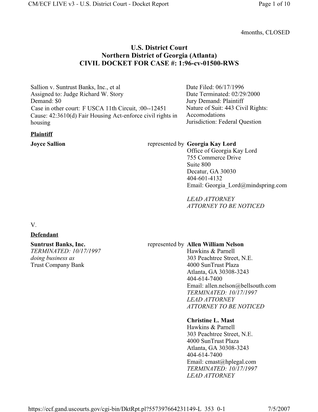 Sallion V. Suntrust Banks, Inc., Et Al Date Filed: 06/17/1996 Assigned To: Judge Richard W