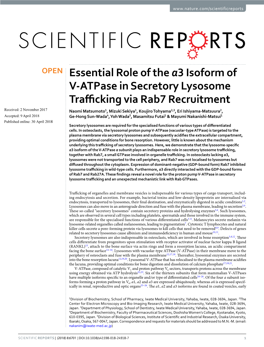 Essential Role of the A3 Isoform of V-Atpase in Secretory Lysosome Trafficking Via Rab7 Recruitment