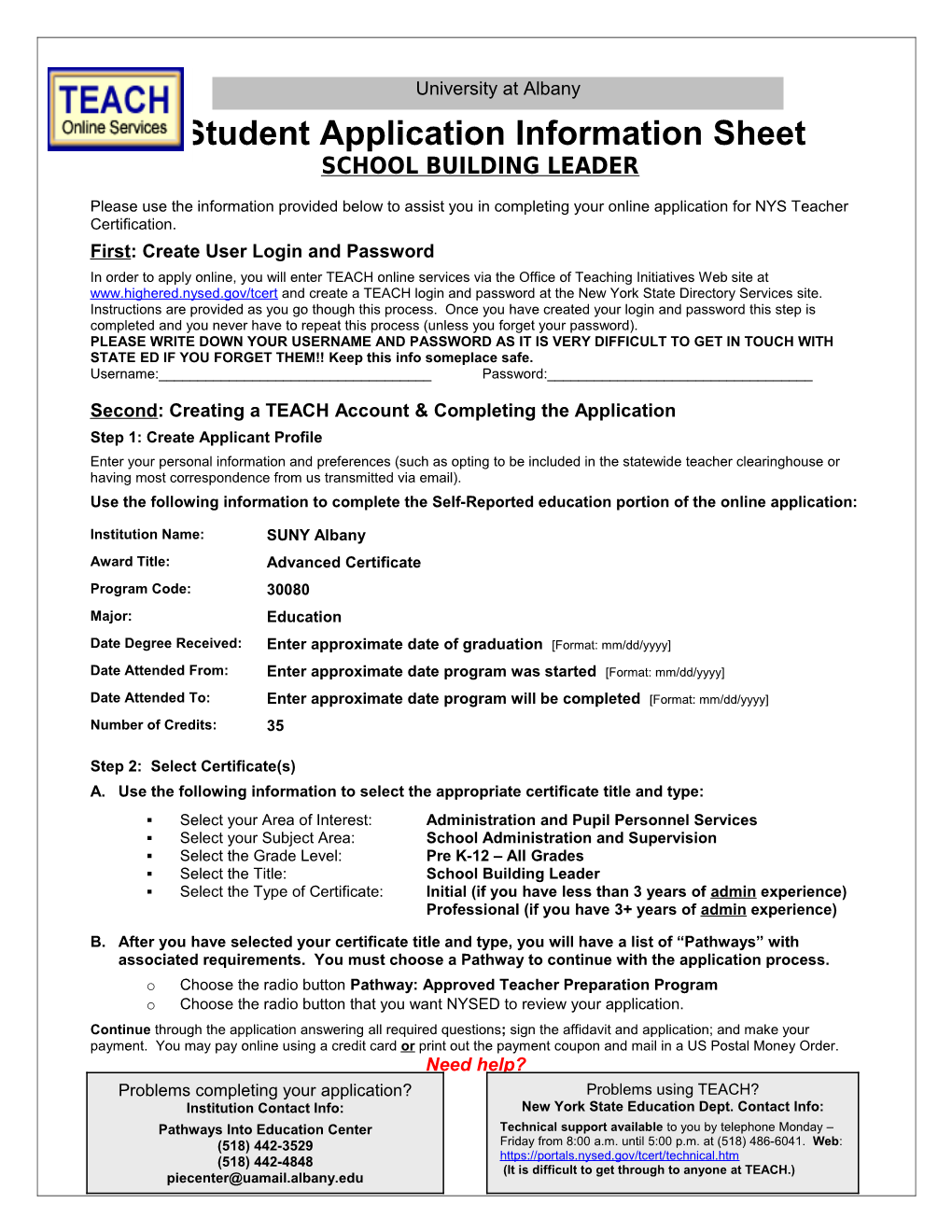 Student Application Information Sheet