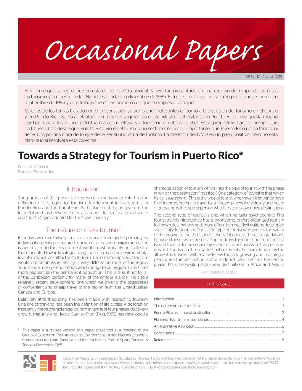 Towards a Strategy for Tourism in Puerto Rico* Por José J