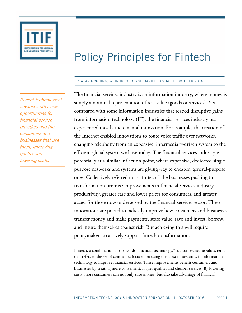 Policy Principles for Fintech