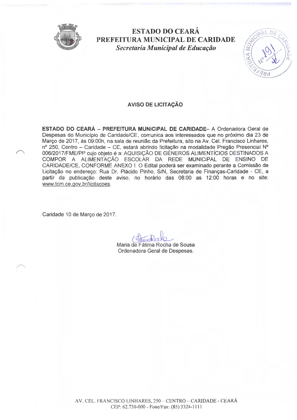 ESTADO DO CEARÁ PREFEITURA MUNICIPAL DE CARIDADE Secretaria Municipal De Educação