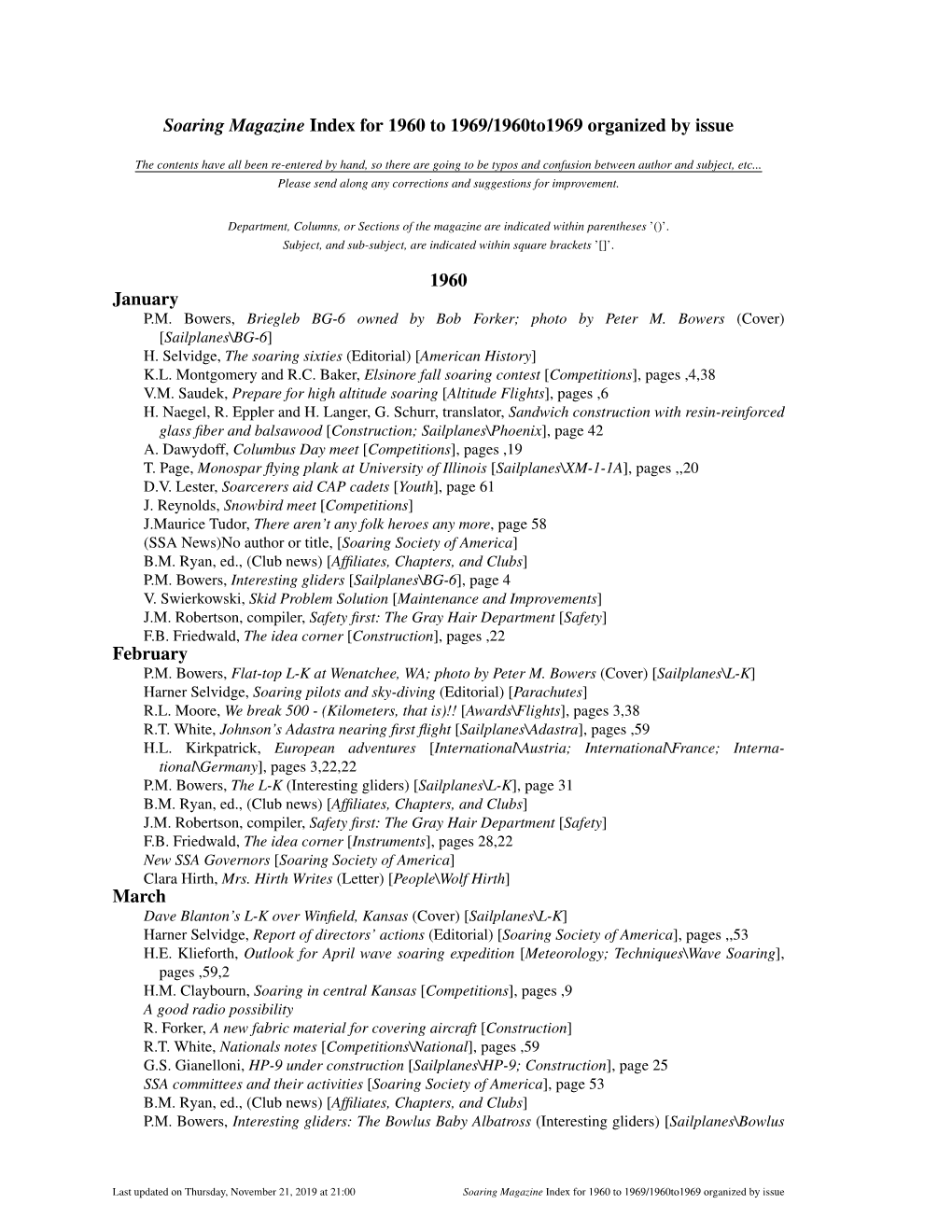 Soaring Magazine Index for 1960 to 1969/1960To1969 Organized by Issue