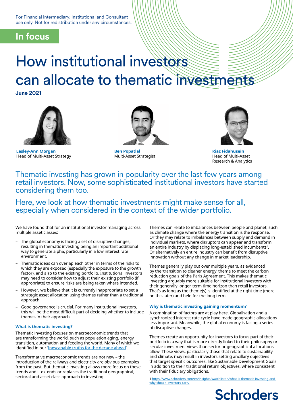 How Institutional Investors Can Allocate to Thematic Investments June 2021