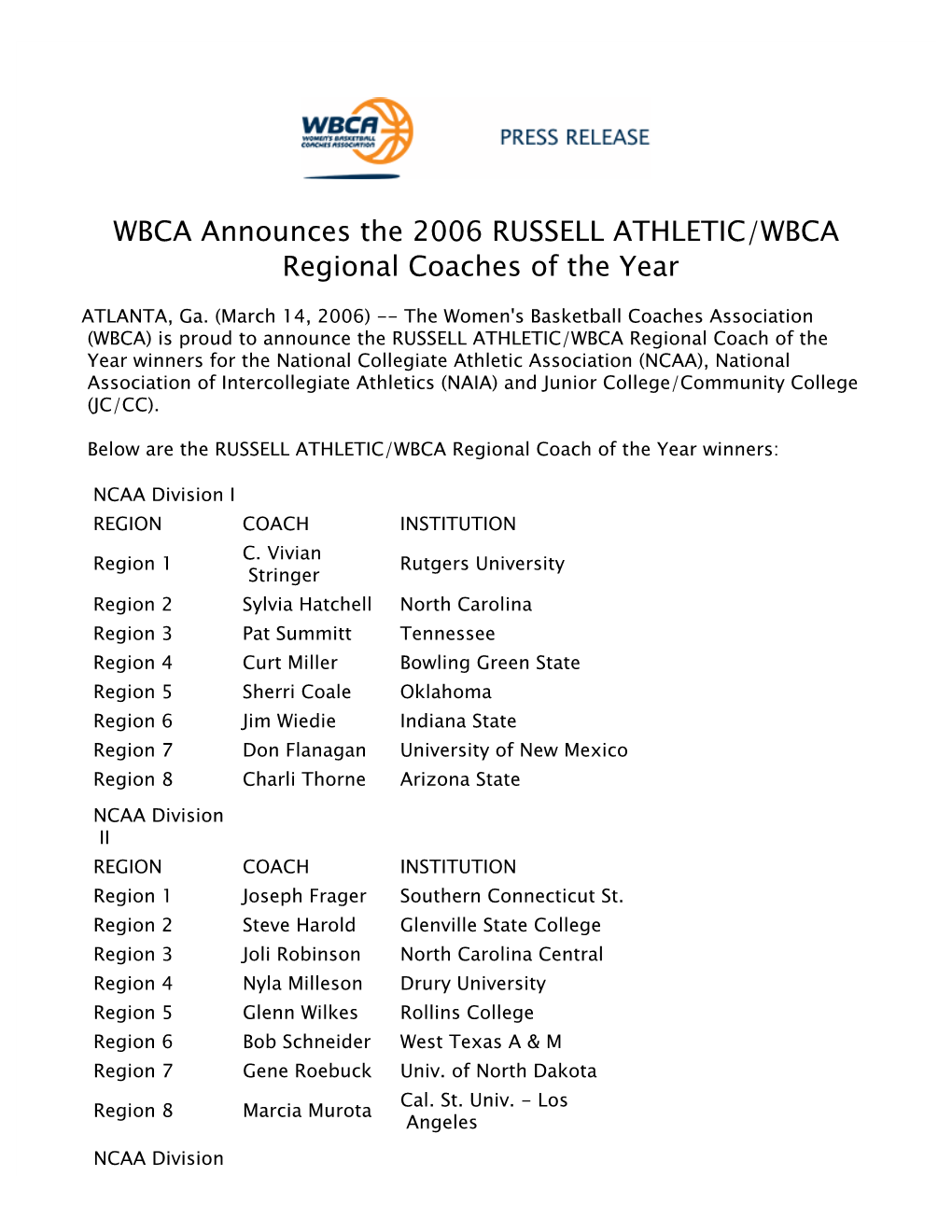 WBCA Announces the 2006 RUSSELL ATHLETIC/WBCA Regional Coaches of the Year