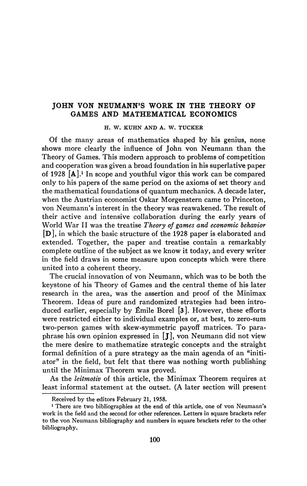 John Von Neumann's Work in the Theory of Games and Mathematical Economics