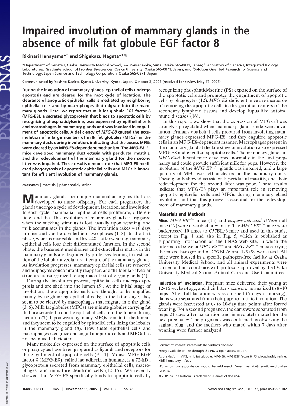 Impaired Involution of Mammary Glands in the Absence of Milk Fat Globule EGF Factor 8