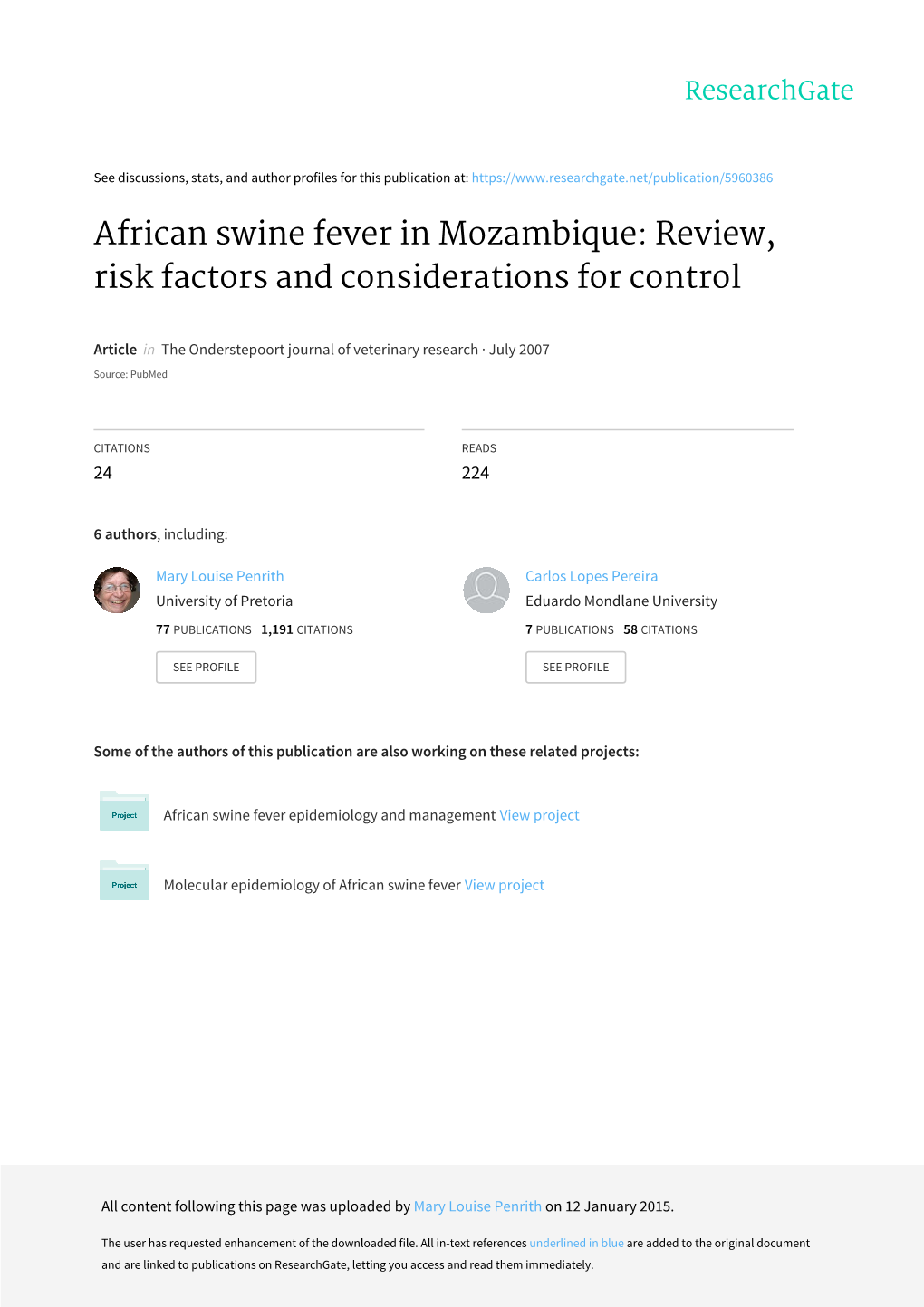 African Swine Fever in Mozambique: Review, Risk Factors and Considerations for Control