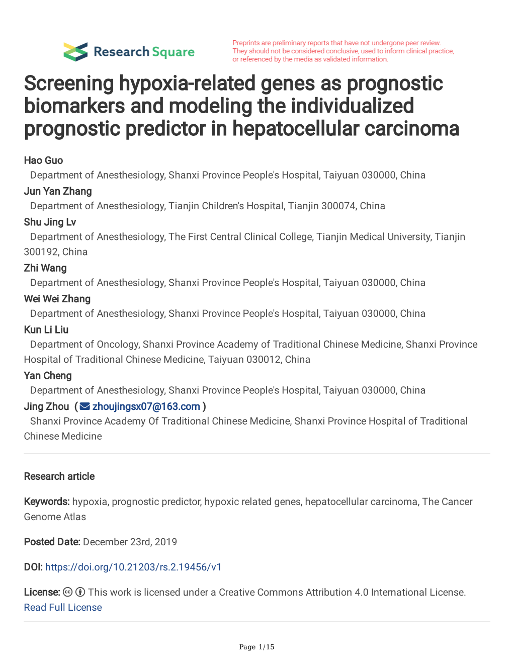 Screening Hypoxia-Related Genes As Prognostic Biomarkers and Modeling the Individualized Prognostic Predictor in Hepatocellular Carcinoma