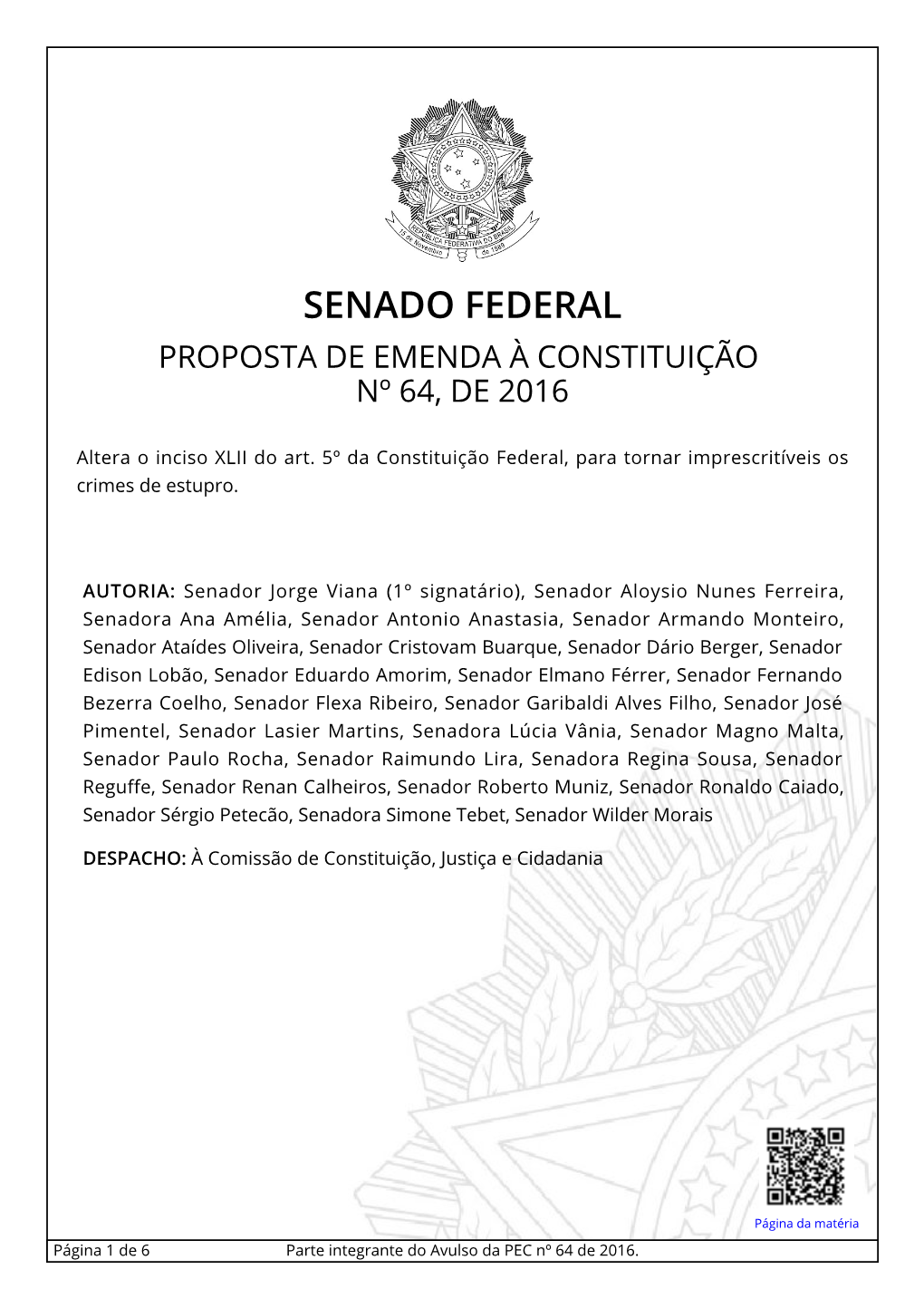 Senado Federal Proposta De Emenda À Constituição Nº 64, De 2016