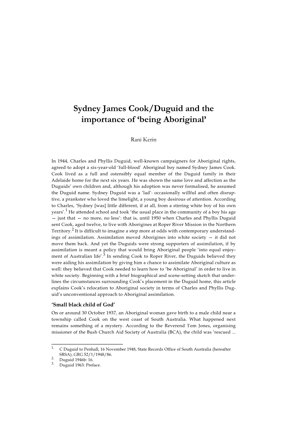 Sydney James Cook/Duguid and the Importance of ‘Being Aboriginal’