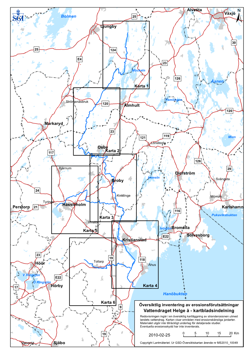 Vattendraget Helge Å - Kartbladsindelning Redovisningen Ingår I En Översiktlig Kartläggning Av Stranderosionen Utmed Landets Vattendrag