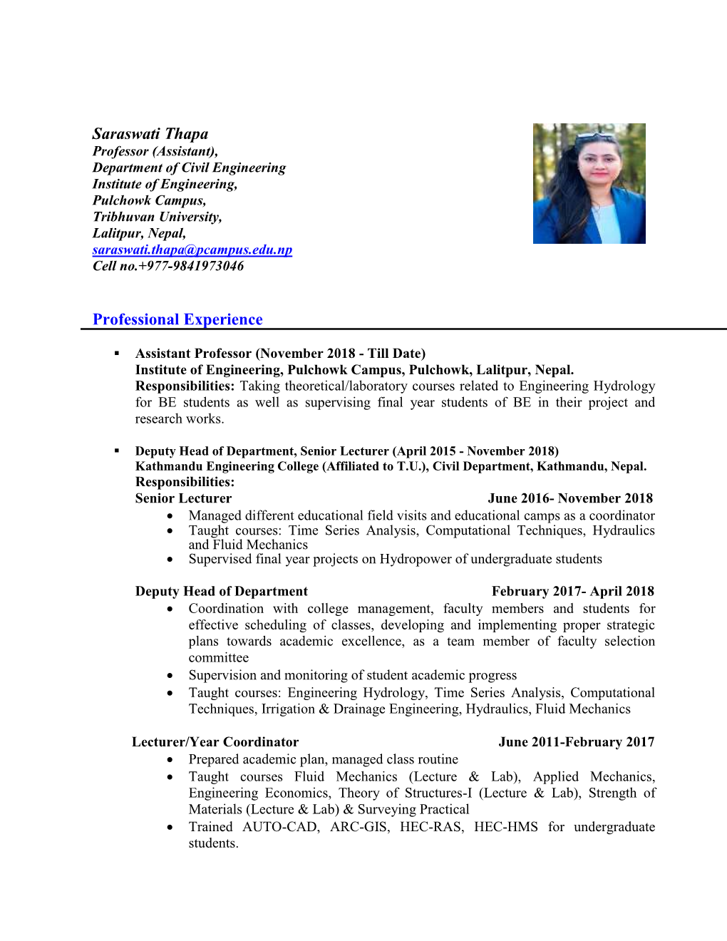 Saraswati Thapa Professional Experience