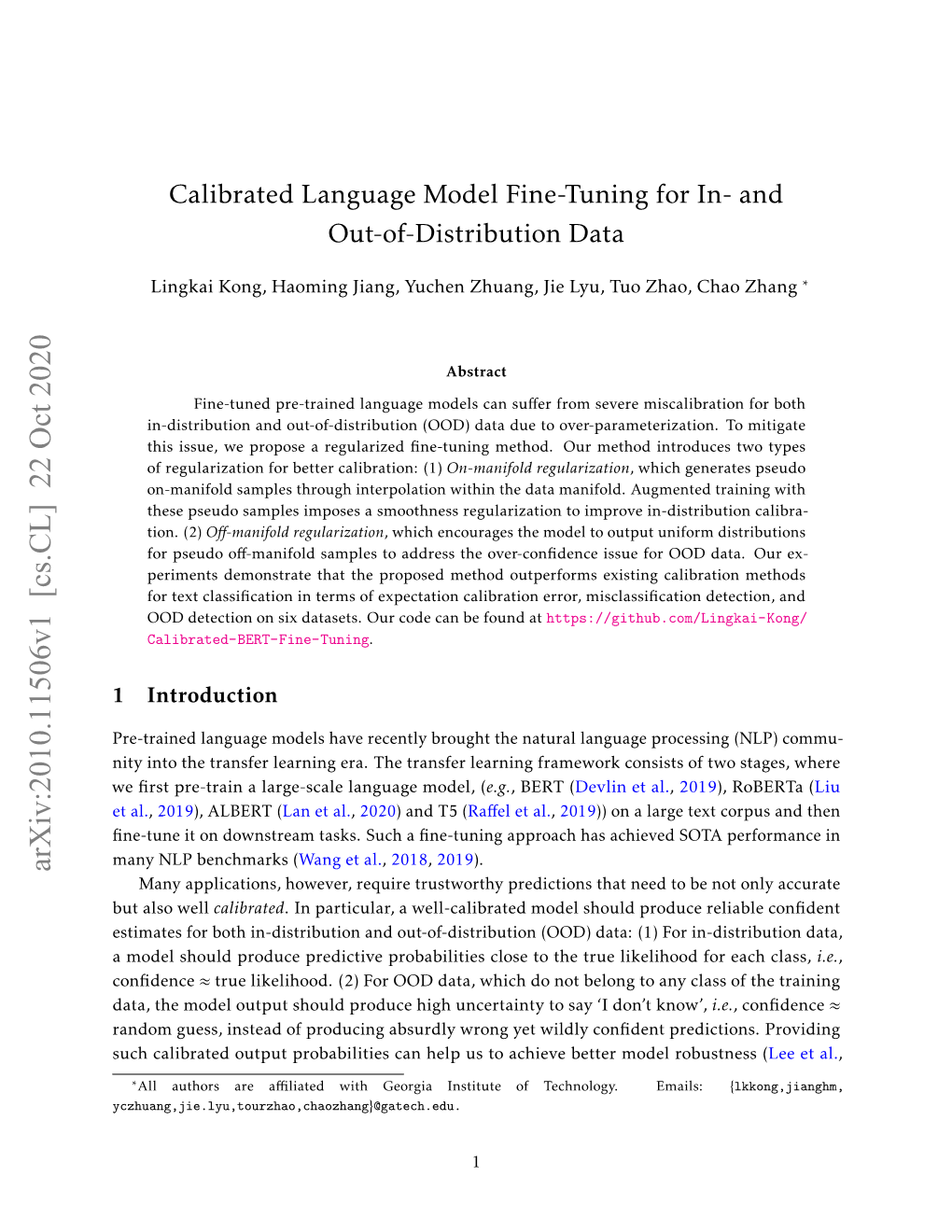 Calibrated Language Model Fine-Tuning for In- and Out-Of-Distribution Data