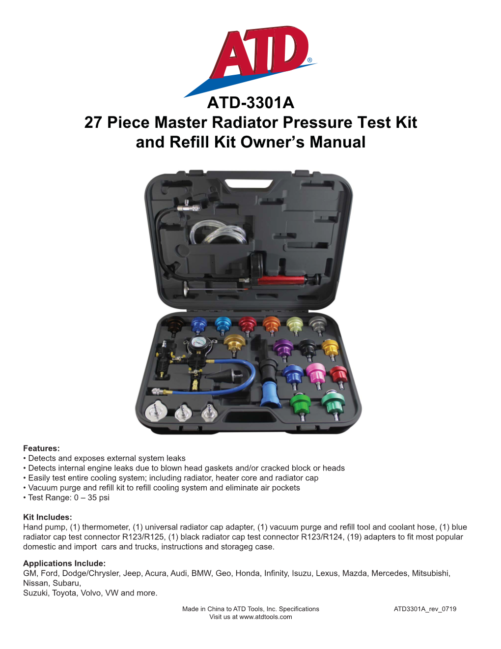 ATD-3301A 27 Piece Master Radiator Pressure Test Kit and Refill Kit Owner’S Manual