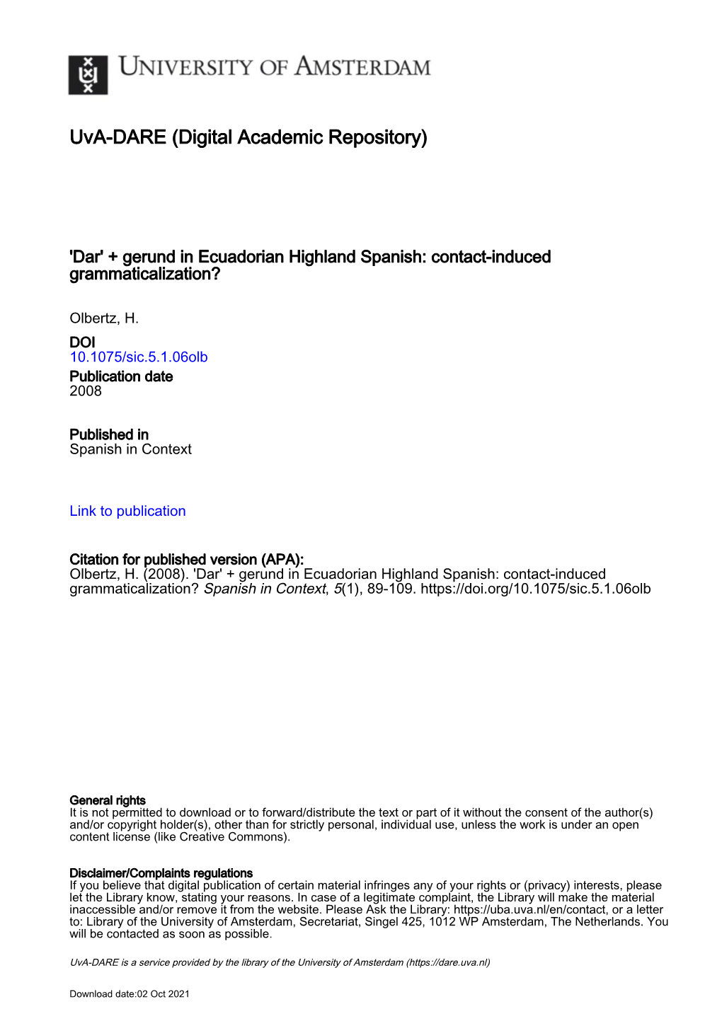 'Dar' + Gerund in Ecuadorian Highland Spanish: Contact-Induced Grammaticalization?