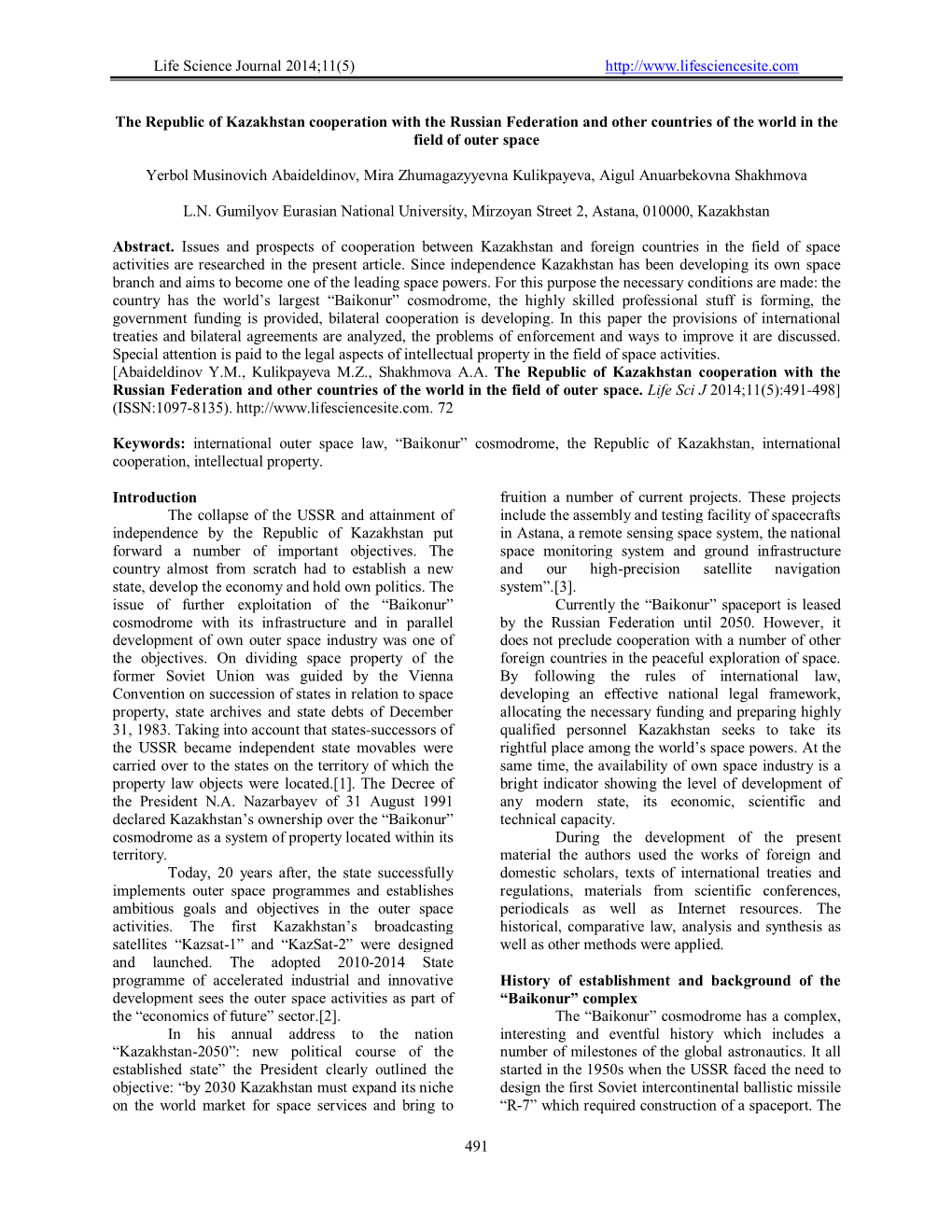Life Science Journal 2014;11(5) 491 the Republic of Kazakhstan Cooperation with the Russian Feder
