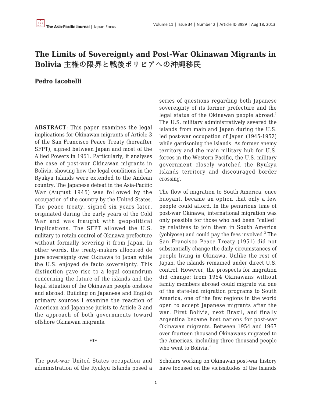 The Limits of Sovereignty and Post-War Okinawan Migrants in Bolivia 主権の限界と戦後ボリビアへの沖縄移民