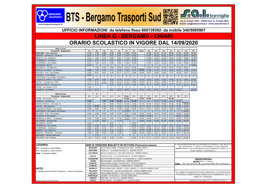 Linea Q - Bergamo - Chiari Orario Scolastico in Vigore Dal 14/09/2020